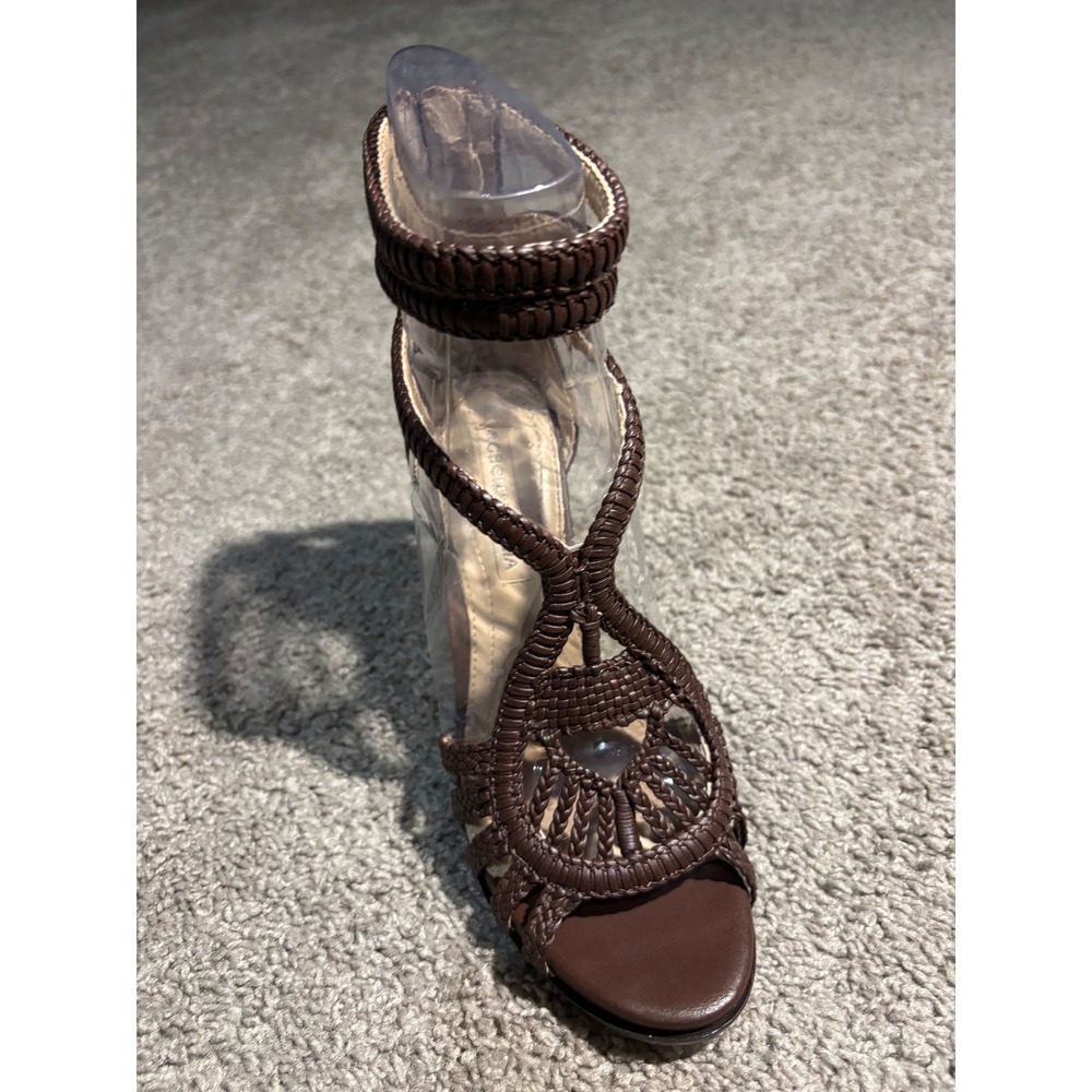 BCBGMAXAZRIA Ma-Esh Maple Brown Woven Leather Tassel Stiletto Sandals 6.5M